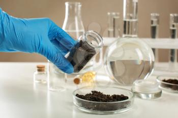 Scientist working with soil in laboratory�