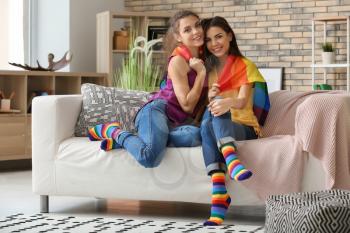 Happy young lesbian couple with rainbow flag at home�