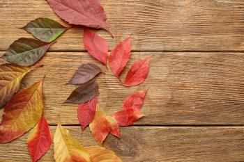 Beautiful autumn leaves on wooden background�