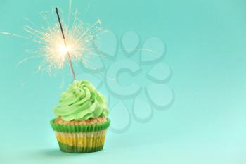 Tasty birthday cupcake with sparkler on color background�