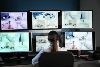 Security guard monitoring modern CCTV cameras in surveillance room�