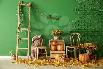 Beautiful autumn composition with wooden furniture, pumpkins and leaves near color wall�