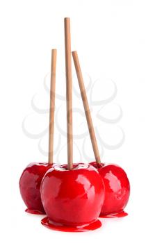 Delicious candy apples on white background�