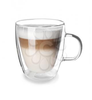 Glass cup of tasty aromatic latte on white background�