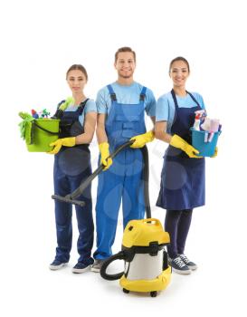 People with cleaning supplies on white background�