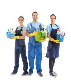 People with cleaning supplies on white background�