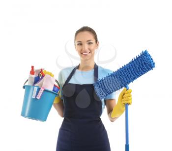Woman with cleaning supplies on white background�