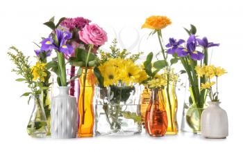 Various beautiful flowers in vases on white background�