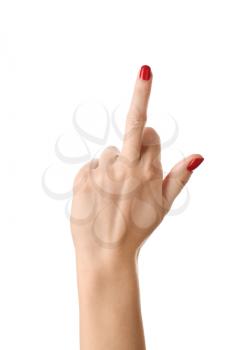 Female hand showing middle finger on white background�
