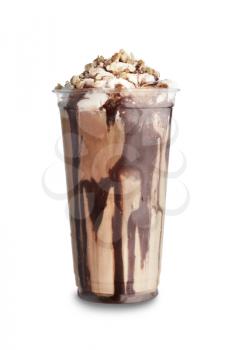 Plastic cup of tasty cold coffee with chocolate on white background�