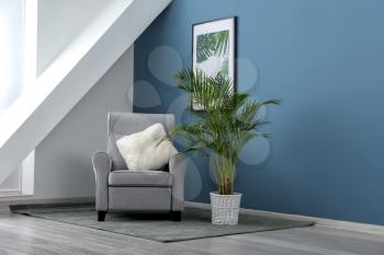 Comfortable armchair with houseplant near color wall in room�
