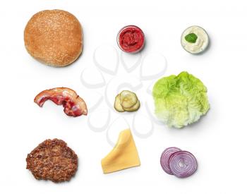 Ingredients for burger on white background, flat lay�