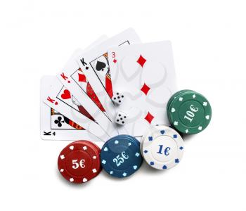 Chips with cards and dices for poker game on white background�