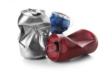 Used tin cans on white background. Recycling concept�