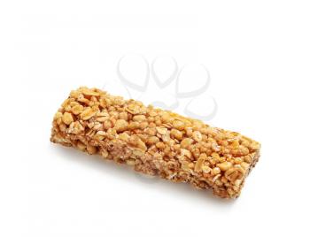 Tasty granola bar on white background�