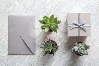 Green plants in pots with gift box and envelope on light table�