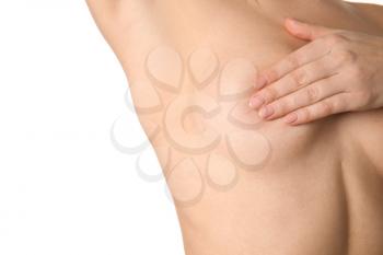 Naked woman on white background. Concept of breast augmentation�