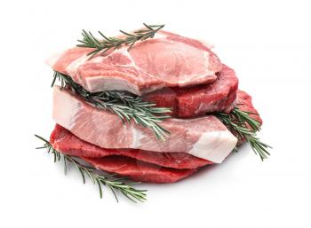 Different tasty raw meat on white background�