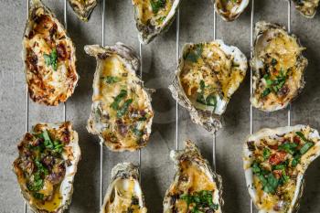 Cooling rack with tasty baked oysters on grey background�