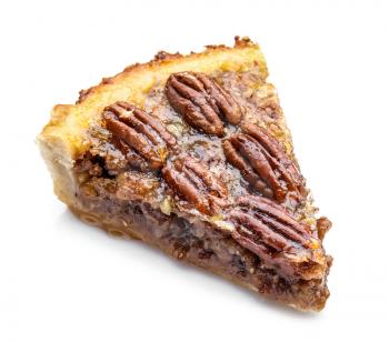 Piece of tasty pecan pie on white background�