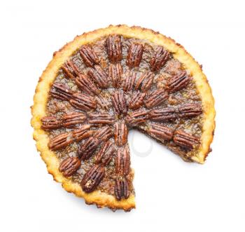 Tasty pecan pie on white background�