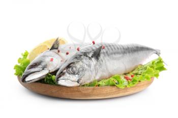 Wooden plate with tasty raw mackerel fish on white background�