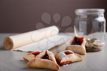 Tasty hamantaschen for Purim holiday on table�