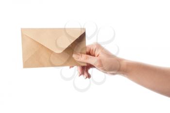 Female hand with envelope on white background�