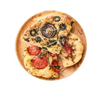 Plate with tasty Italian focaccia on white background�