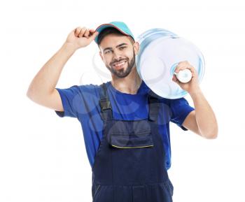 Delivery man with bottle of water on white background�