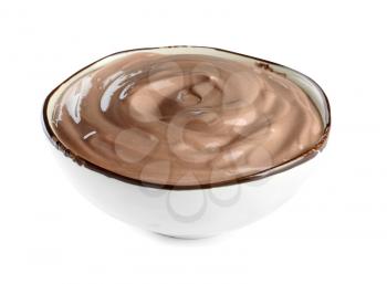 Bowl with chocolate yogurt on white background�