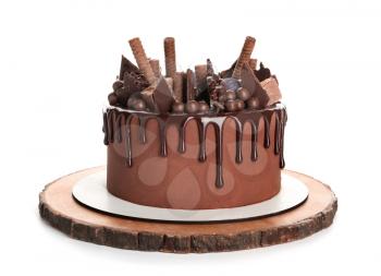 Tasty chocolate cake on white background�