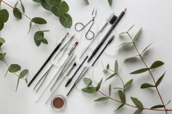 Set of tools for eyebrows correction and tropical branches on white background�