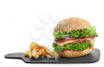 Tasty burger with french fries on white background�