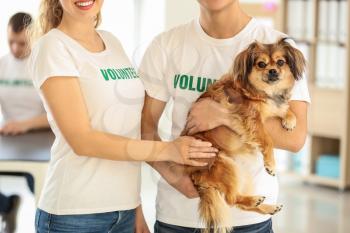 Young volunteers with dog indoors�