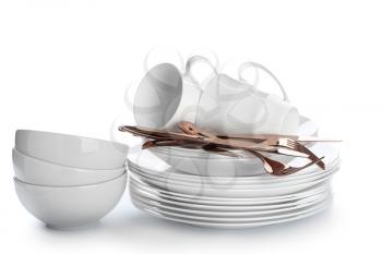Set of tableware on white background�