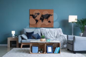 Interior of beautiful room with picture of world map�