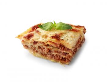 Tasty baked lasagna on white background�
