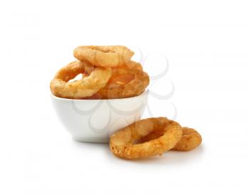 Bowl with tasty onion rings on white background�
