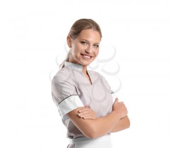 Portrait of beautiful female housekeeper on white background�