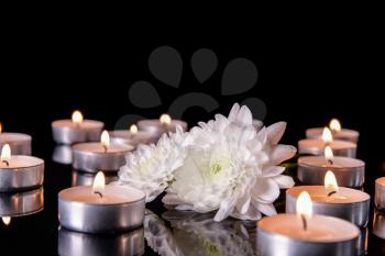 Many burning candles as symbol of mourning and flowers on dark background�