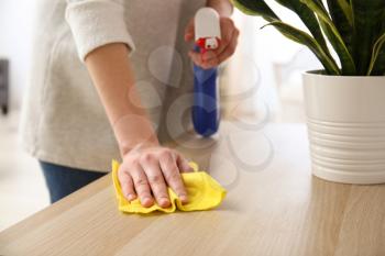 Woman cleaning furniture in room�