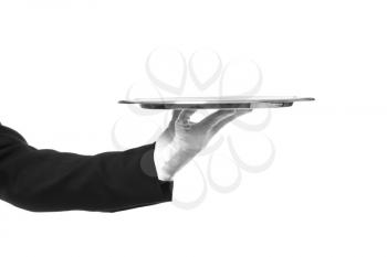 Hand of waiter with empty tray on white background�