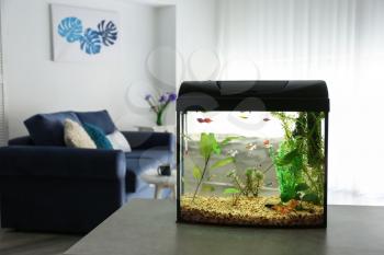 Beautiful aquarium on table in room�