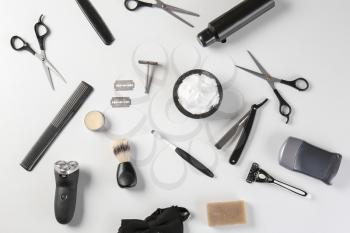 Set of male shaving accessories on white background�