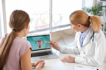 Young woman visiting her gynecologist in clinic�