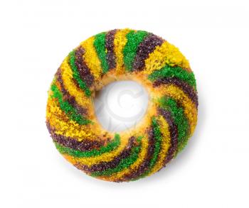 Festive cake for Mardi Gras (Fat Tuesday) holiday on white background�