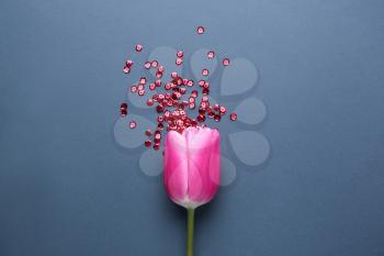 Tulip and red sequins on grey background. Menstruation concept�