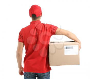 Delivery man with box on white background, back view�