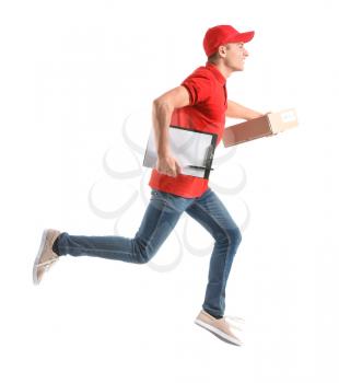 Running delivery man with box and clipboard on white background�